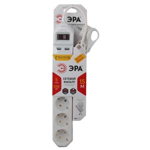 Сетевой фильтр ЭРА USF-5es-1.5m-USB-W с базовой защитой с заземлением с выключателем 5 розеток 1,5м 2хUSB 10А белый