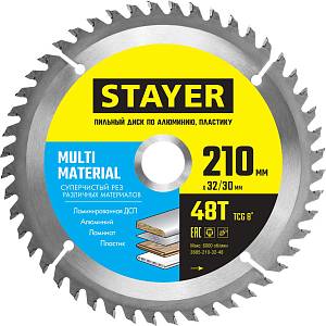 STAYER Multi Material, 210 х 32/30 мм, 48Т, супер чистый рез, пильный диск по алюминию (3685-210-32-48)